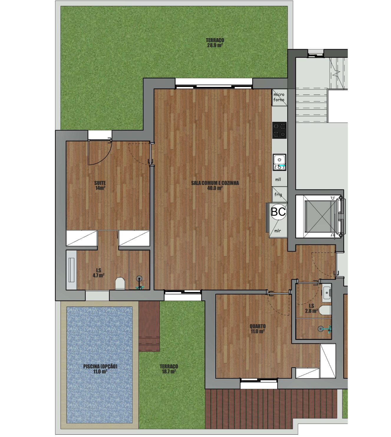 T2 com 69m2+73m2 | 2 terraços + 2 estacionamentos + piscina