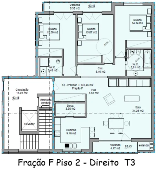 Apartamento T3 Fração F  Piso2 (em construção)